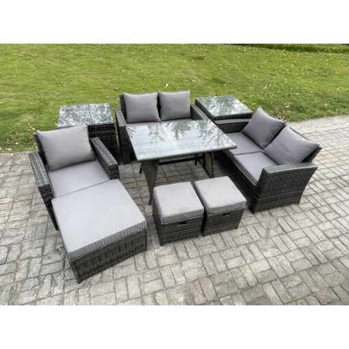 Fimous Garden Dining Set Wicker PE Rattan Outdoor Furniture Sofa with Rectangular Dining Table Double Seat Sofa 2 Side Tables 3 Footstools Dark Grey