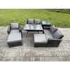 Fimous Garden Dining Set Wicker PE Rattan Outdoor Furniture Sofa with Rectangular Dining Table Double Seat Sofa Side Table 2 Big Footstool Dark Grey