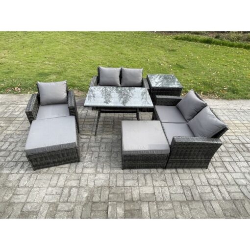 Fimous Garden Dining Set Wicker PE Rattan Outdoor Furniture Sofa with Rectangular Dining Table Double Seat Sofa Side Table 2 Big Footstool Dark Grey