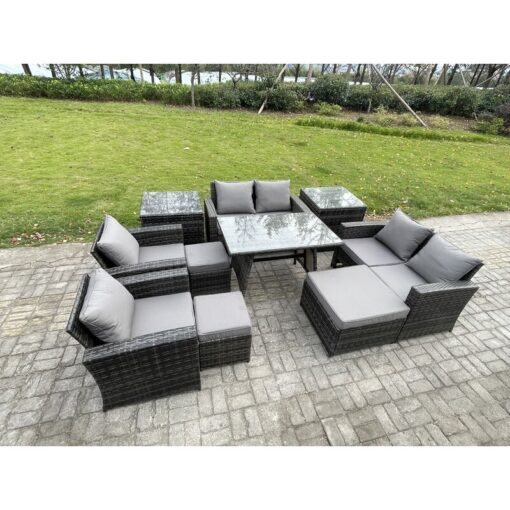 Fimous Garden Furniture Sets 10 Pieces Wicker Rattan Furniture Manual Wicker Patio Sofa Patio Conversation Set with 3 Footstools 2 Side Tables Dark