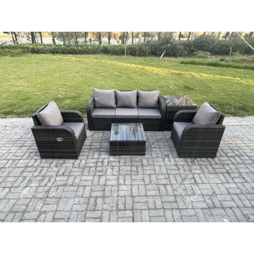 Fimous Garden Furniture Sets 5 Seater Wicker Rattan Furniture Patio Sofa Sets with Reclining Chair 3 Seater Sofa Side Table Dark Grey Mixed