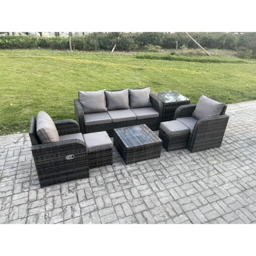 Fimous Garden Furniture Sets 7 Seater Wicker Rattan Furniture Patio Sofa Sets with Reclining Chair 3 Seater Sofa Side Table 2 Small Footstools Dark