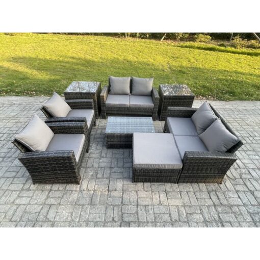 Fimous Garden Furniture Sets 8 Pieces Outdoor Rattan Furniture Manual Wicker Patio Sofa Chair Set with Coffee Table 2 Side Tables Big Footstool Dark