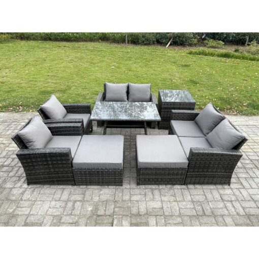 Fimous Garden Furniture Sets 8 Pieces Wicker Rattan Furniture Manual Wicker Patio Sofa Patio Conversation Set with 2 Big Footstool Side Table Dark