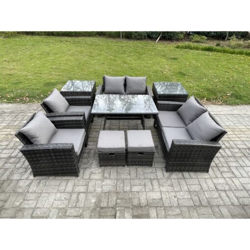 Fimous Garden Furniture Sets 9 Pieces Wicker Rattan Furniture Manual Wicker Patio Sofa Patio Conversation Set with 2 Small Footstools 2 Side Tables