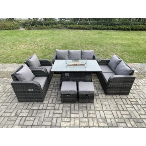 Fimous - Garden Patio Furniture Wicker Rattan Gas Fire Pit Table and Sofa Chair set with 2 Small Footstools Dark Grey Mixed