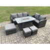 Fimous - Garden Patio Furniture Wicker Rattan Gas Fire Pit Table and Sofa Chair set with 3 Footstools Dark Grey Mixed