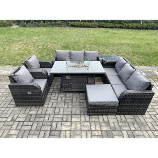 Fimous - Garden Patio Furniture Wicker Rattan Gas Fire Pit Table and Sofa set with Recling Chair Side Table Big Footstool