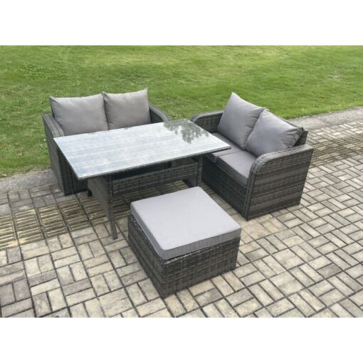 Fimous - Garden Patio Furniture Wicker Rattan Oblong Rectangular Dining Table and Loveseat Sofa set with Big Footstool Dark Grey Mixed