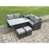 Fimous Garden Patio Furniture Wicker Rattan Oblong Rectangular Dining Table and Loveseat Sofa set with Side Table 2 Small Footstools Dark Grey Mixed