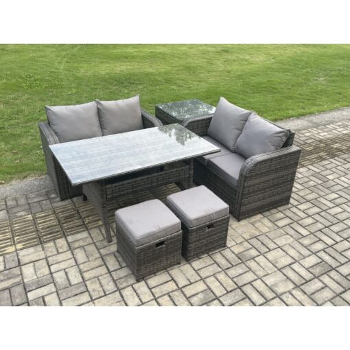 Fimous Garden Patio Furniture Wicker Rattan Oblong Rectangular Dining Table and Loveseat Sofa set with Side Table 2 Small Footstools Dark Grey Mixed