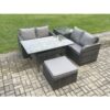 Fimous Garden Patio Furniture Wicker Rattan Oblong Rectangular Dining Table and Loveseat Sofa set with Side Table Big Footstool Dark Grey Mixed