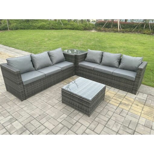 Fimous - Grey Outdoor Rattan Garden Furniture Corner Sofa Set With 2 Coffee Table