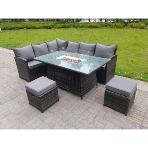 Fimous High Back Corner Rattan Garden Furniture Sofa Gas Fire Pit Gas Heater Dining Table Sets 8 Seater 2 Small Footstools