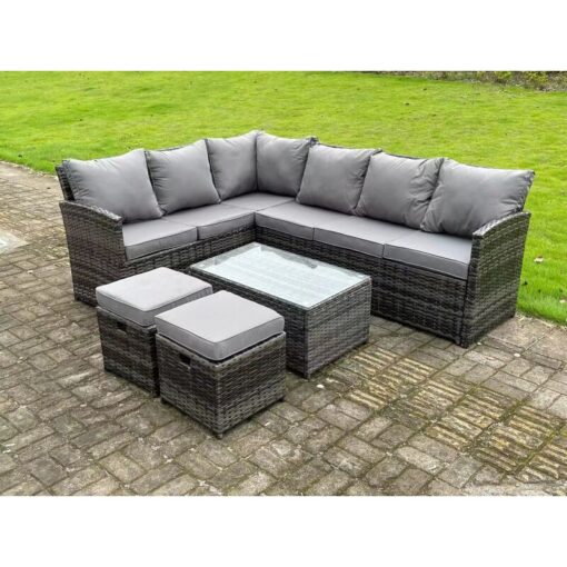 Fimous - High Back Dark Mixed Grey Rattan Corner Sofa Set Outdoor Furniture Rectangular Coffee Table 2 Small Footstools 8 Seater