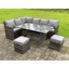 Fimous - High Back Dark Mixed Grey Rattan Corner Sofa Set Outdoor Furniture Rectangular Dining Table 2 Small Footstools 8 Seater