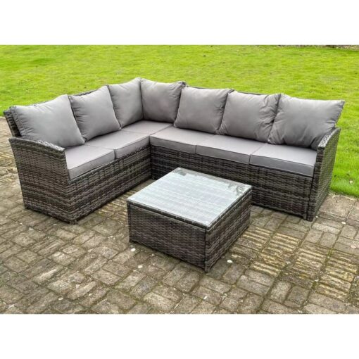 Fimous - High Back Dark Mixed Grey Rattan Corner Sofa Set Outdoor Furniture Square Coffee Table 6 Seater