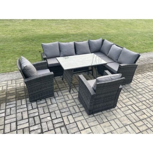 Fimous - High Back Outdoor Garden Furniture Set Rattan Corner Sofa Dining Table Set With 2 Armchairs 8 Seater Dark Grey Mixed