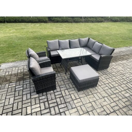 Fimous - High Back Outdoor Garden Furniture Set Rattan Corner Sofa Dining Table Set With 2 Armchairs Big Footstool 9 Seater Dark Grey Mixed