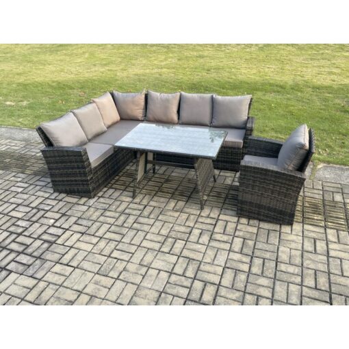 Fimous - High Back Outdoor Garden Furniture Set Rattan Corner Sofa Dining Table Set With Armchair 7 Seater Dark Grey Mixed