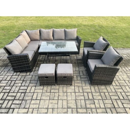 Fimous - High Back Outdoor Garden Furniture Set Rattan Corner Sofa Dining Table Set With Armchairs 2 Small Footstools 10 Seater Dark Grey Mixed Left