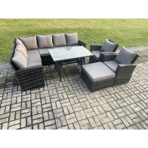 Fimous - High Back Outdoor Garden Furniture Set Rattan Corner Sofa Dining Table Set With Big Footstool Armchair Dark Grey Mixed