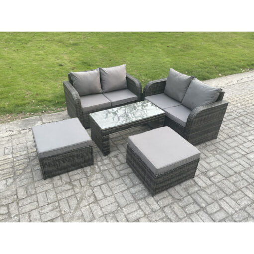 Fimous High Back Rattan Garden Furniture Set with Loveseat Sofa Rectangular Coffee Table 2 Big Footstool Indoor Outdoor Patio Lounge Sofa Set Dark