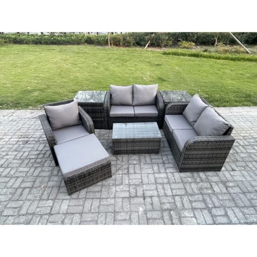 Fimous High Back Rattan Garden Furniture Set with Loveseat Sofa Rectangular Coffee Table 2 Side Tables Big Footstool Indoor Outdoor Patio Lounge Sofa