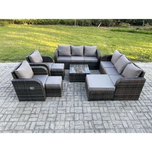 Fimous High Back Rattan Garden Furniture Set with Square Coffee Table 3 Footstools Indoor Outdoor Patio Lounge Sofa Set Dark Grey Mixed