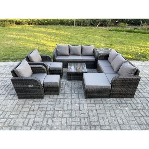 Fimous High Back Rattan Garden Furniture Set with Square Coffee Table 3 Footstools Side Table Indoor Outdoor Patio Lounge Sofa Set Dark Grey Mixed