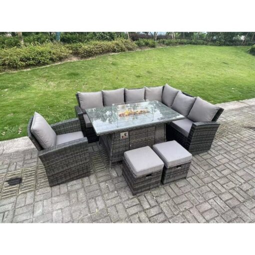 Fimous - High Back Rattan Garden Furniture Sets Gas Fire Pit Dining Table Gas Heater Set Corner Sofa Small Footstools Chair 9 Seater