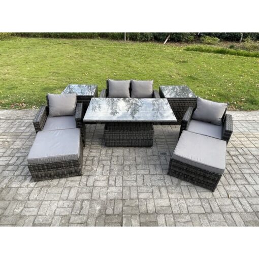 Fimous High Back Rattan Garden Furniture Sofa Sets with Height Adjustable Rising Lifting Table 2 Side Tables 2 Big Footstool Dark Grey Mixed