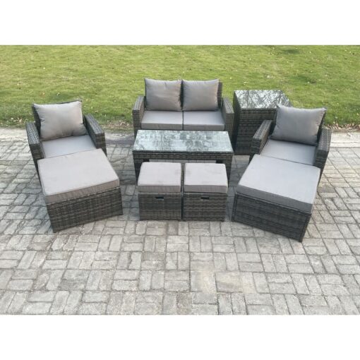 Fimous - High Back Rattan Garden Furniture Sofa Sets with Rectangular Coffee Table Side Table Armchair 2 Big Footstool 2 Small Footstools Dark Grey