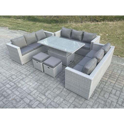 Fimous Light Grey U Shape Lounge Rattan Garden Furniture Set Adjustable Rising Lifting Table Dining Set 2 Stools