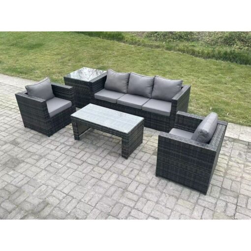 Fimous - Lounge Rattan Sofa Set Outdoor Garden Furniture Oblong Rectangular Coffee Table With 2 Chairs Side Table