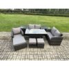 Fimous Lounge Rattan Sofa Set Outdoor Garden Furniture Oblong Rectangular Dining Table With Chairs 3 Footstools 2 Side Tables 8 Seater Dark Grey Mixed