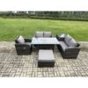 Fimous Lounge Rattan Sofa Set Outdoor Garden Furniture Oblong Rectangular Dining Table With Chairs Big Footstool Side Table Dark Grey Mixed