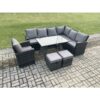 Fimous Outdoor Furniture Garden Dining Set Rattan Corner Sofa Chair Set Rectangular Dining Table with Temper Glass Footstools Dark Grey Mixed