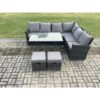 Fimous - Outdoor Furniture Garden Dining Set Rattan Corner Sofa Set Rectangular Dining Table with Temper Glass 2 Small Footstools Dark Grey Mixed