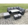 Fimous - Outdoor Furniture Garden Dining Set Rattan Corner Sofa Set Rectangular Dining Table with Temper Glass 3 Footstools Dark Grey Mixed