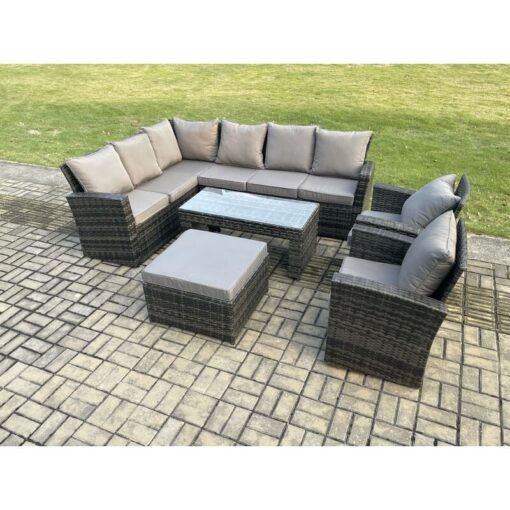 Fimous - Outdoor Furniture Garden Dining Set Rattan Corner Sofa Set with 2 Armchairs Big Footstool Dark Grey Mixed