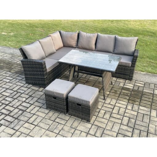 Fimous - Outdoor Furniture Garden Dining Set Rattan Corner Sofa Set with 2 Small Footstools Dark Grey Mixed