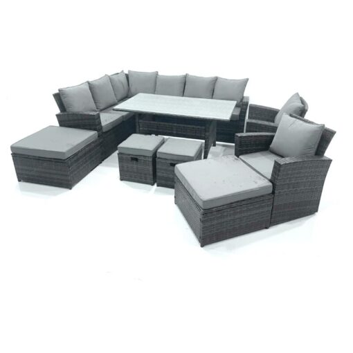 Fimous Outdoor Furniture Garden Dining Set Rattan Corner Sofa Set with 4 Footstools 2 Armchairs Dark Grey Mixed