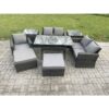 Fimous Outdoor Garden Dining Set Wicker PE Rattan Furniture Sofa with Rectangular Dining Table Double Seat Sofa 2 Side Tables 2 Big Footstool Dark