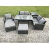 Fimous Outdoor Garden Dining Set Wicker PE Rattan Furniture Sofa with Rectangular Dining Table Double Seat Sofa Side Table 2 Big Footstool Dark Grey