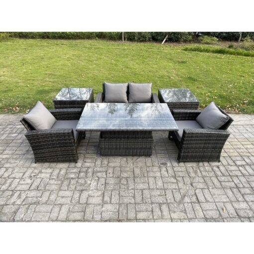 Fimous Outdoor Garden Dining Sets 4 Seater Rattan Patio Furniture Sofa Set with Rising Lifting Table 2 Side Tables Dark Grey Mixed