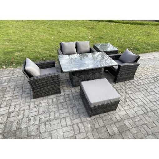 Fimous Outdoor Garden Dining Sets 5 Seater Rattan Patio Furniture Sofa Set with Rising Lifting Table Big Footstool Side Table Dark Grey Mixed