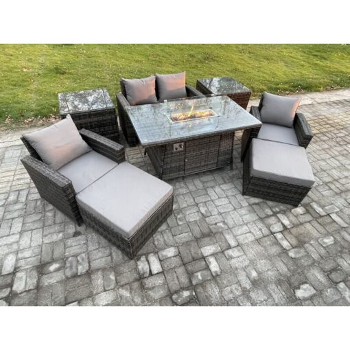 Fimous - Outdoor Garden Dining Sets 6 Seater Rattan Patio Furniture Sofa Set with Gas Firepit Table 2 Big Footstool 2 Side Tables Dark Grey Mixed