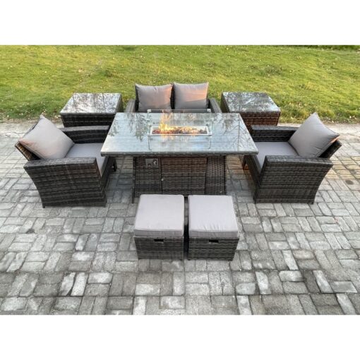 Fimous - Outdoor Garden Dining Sets 6 Seater Rattan Patio Furniture Sofa Set with Gas Firepit Table 2 Small Footstools 2 Side Tables Dark Grey Mixed