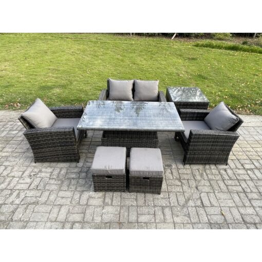 Fimous Outdoor Garden Dining Sets 6 Seater Rattan Patio Furniture Sofa Set with Rising Lifting Table Side Table 2 Small Footstools Dark Grey Mixed